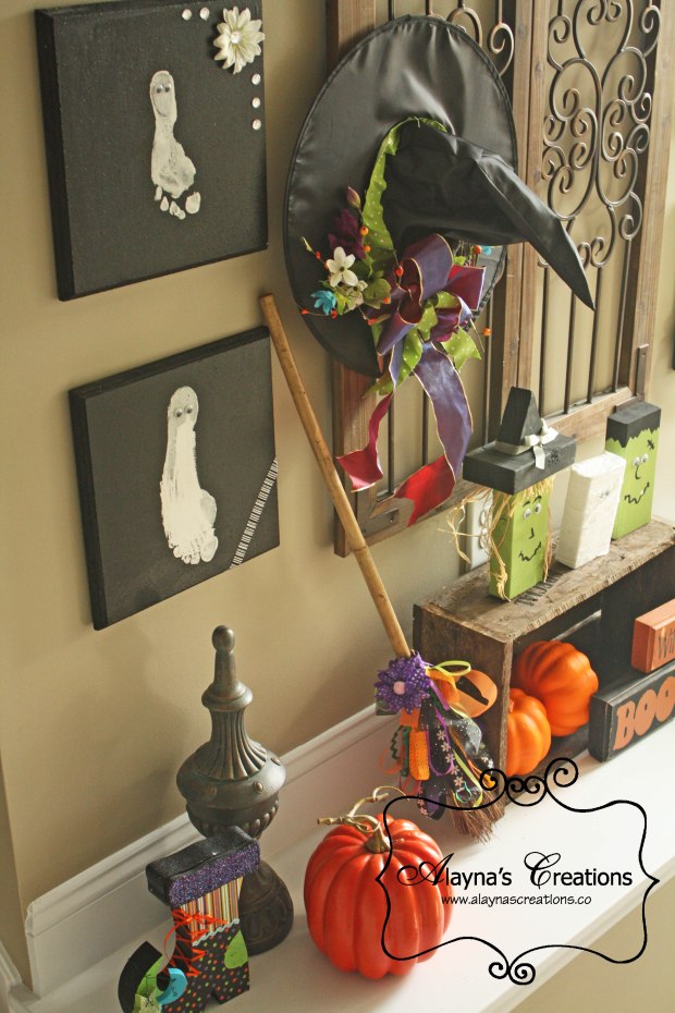 Fall Halloween Mantle Decorations decorative ledge with witch hat witch broom footprint ghosts 2x4 halloween monsters and more