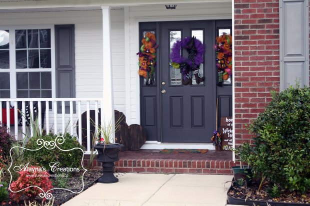 Halloween Witch Front Porch Decorations includes deco mesh wreath and swag pallet pumpkins wooden sign and witch broom
